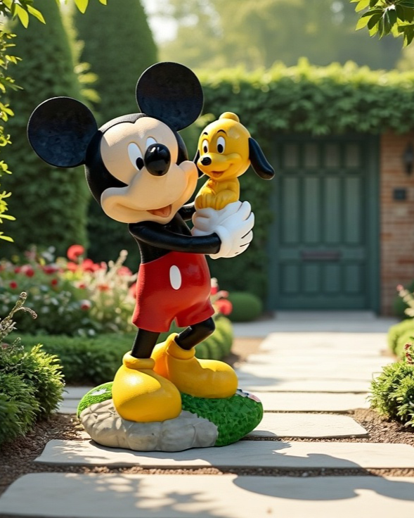 Garden statue of Mickey Mouse and Pluto in a garden setting
