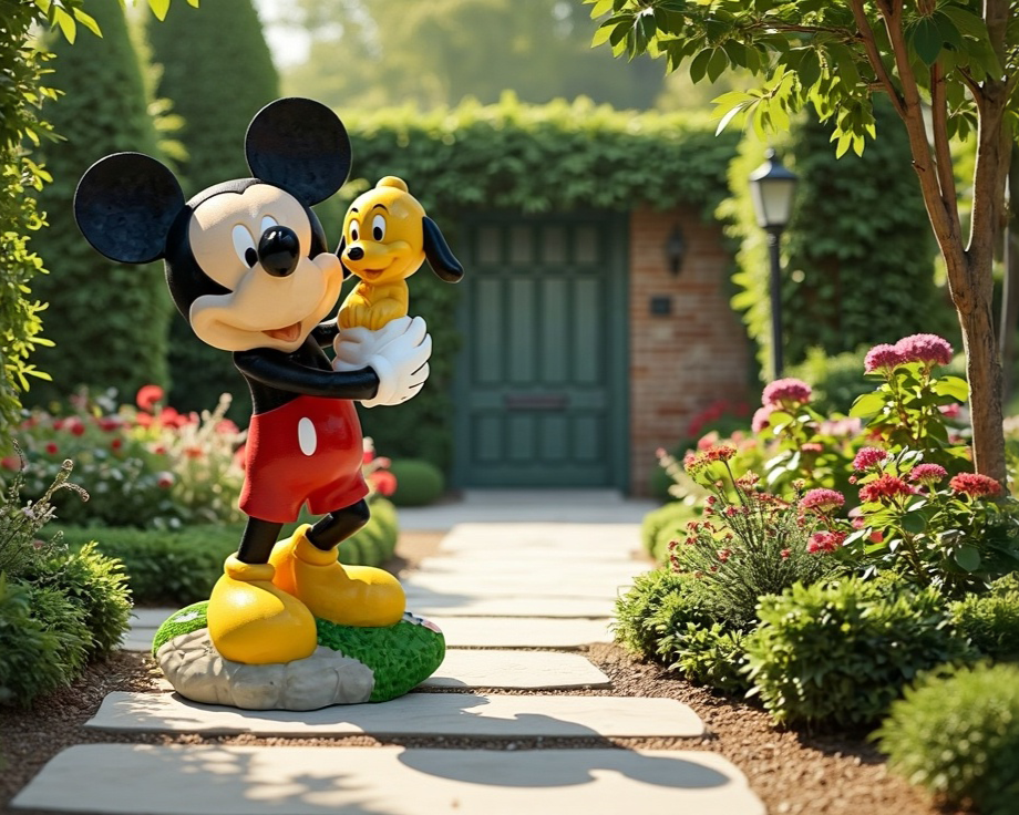 Mickey Mouse statue holding Pluto in a garden setting with flowers and trees.