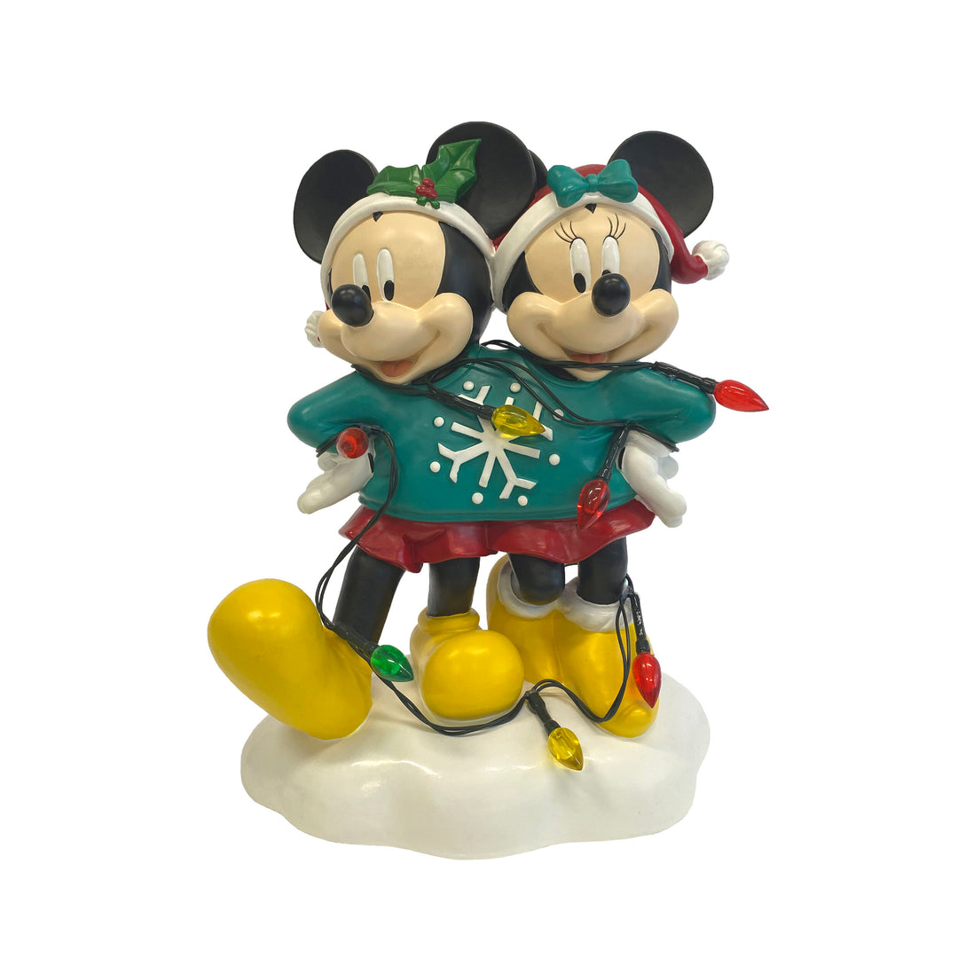 Mickey & Minnie Holiday Ugly Sweater Statue with Light-Up Color String Lights