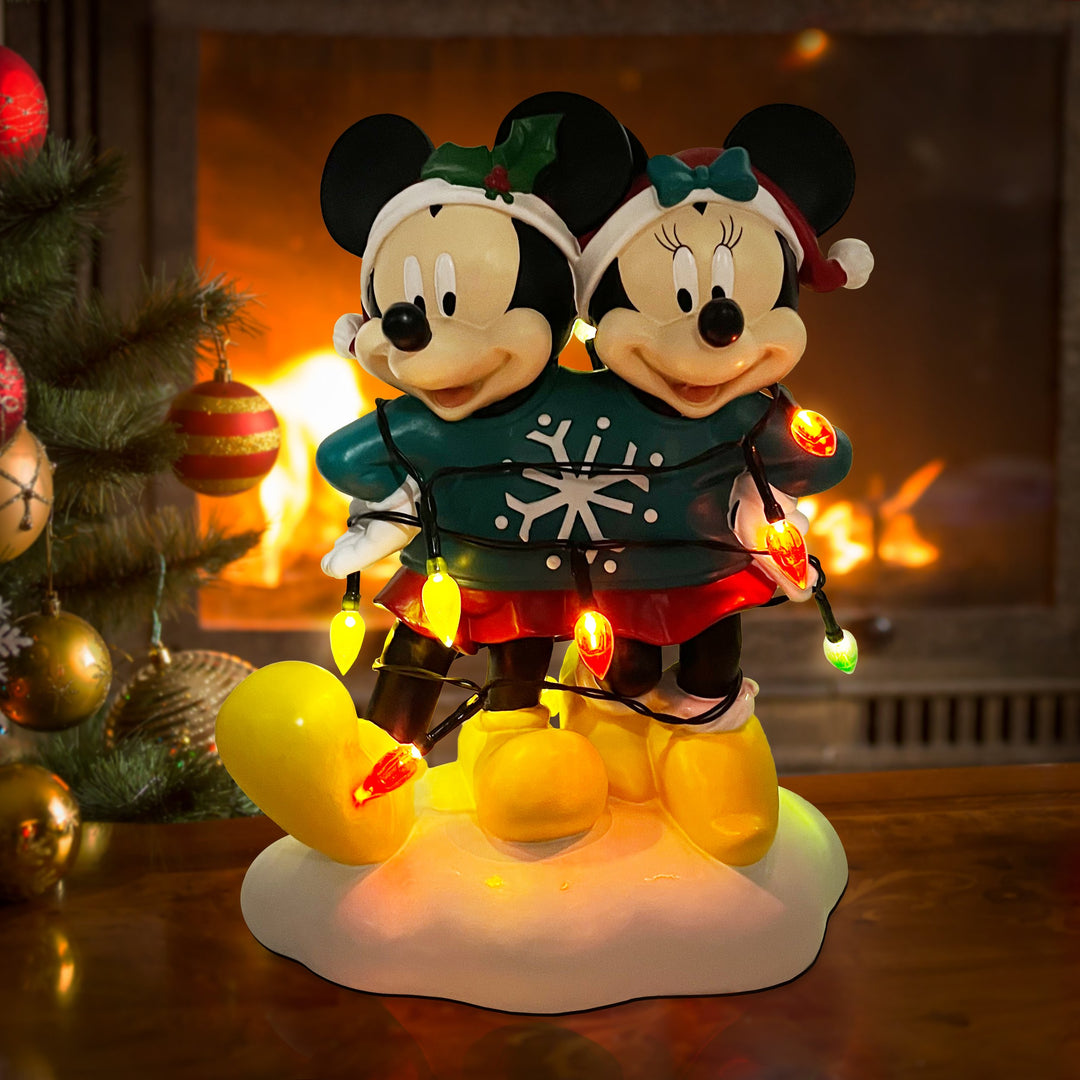 Mickey & Minnie Holiday Ugly Sweater Statue with Light-Up Color String Lights