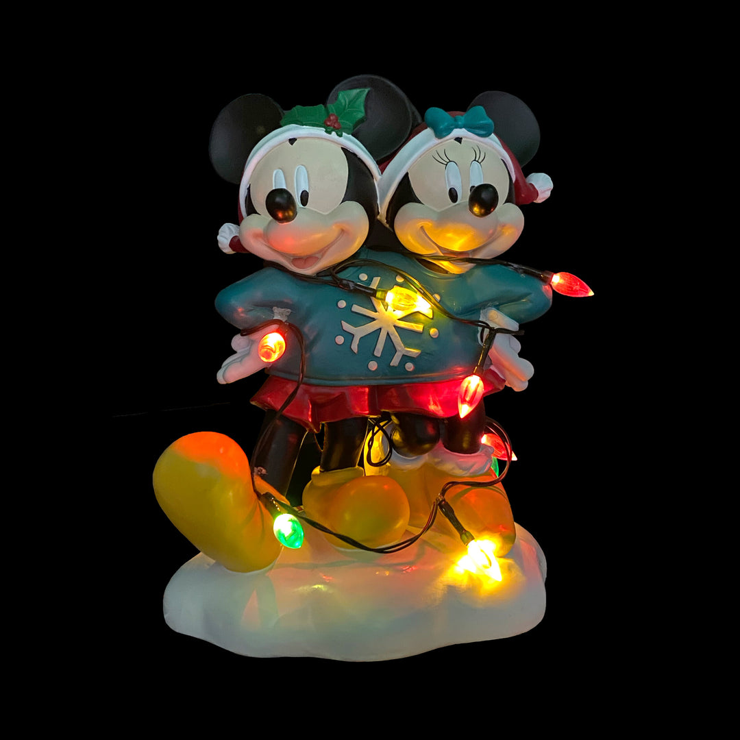 Mickey & Minnie Holiday Ugly Sweater Statue with Light-Up Color String Lights