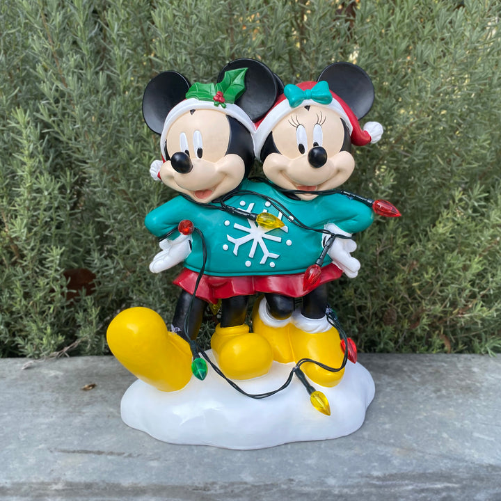 Mickey & Minnie Holiday Ugly Sweater Statue with Light-Up Color String Lights