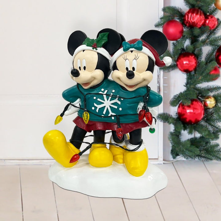 Mickey & Minnie Holiday Ugly Sweater Statue with Light-Up Color String Lights